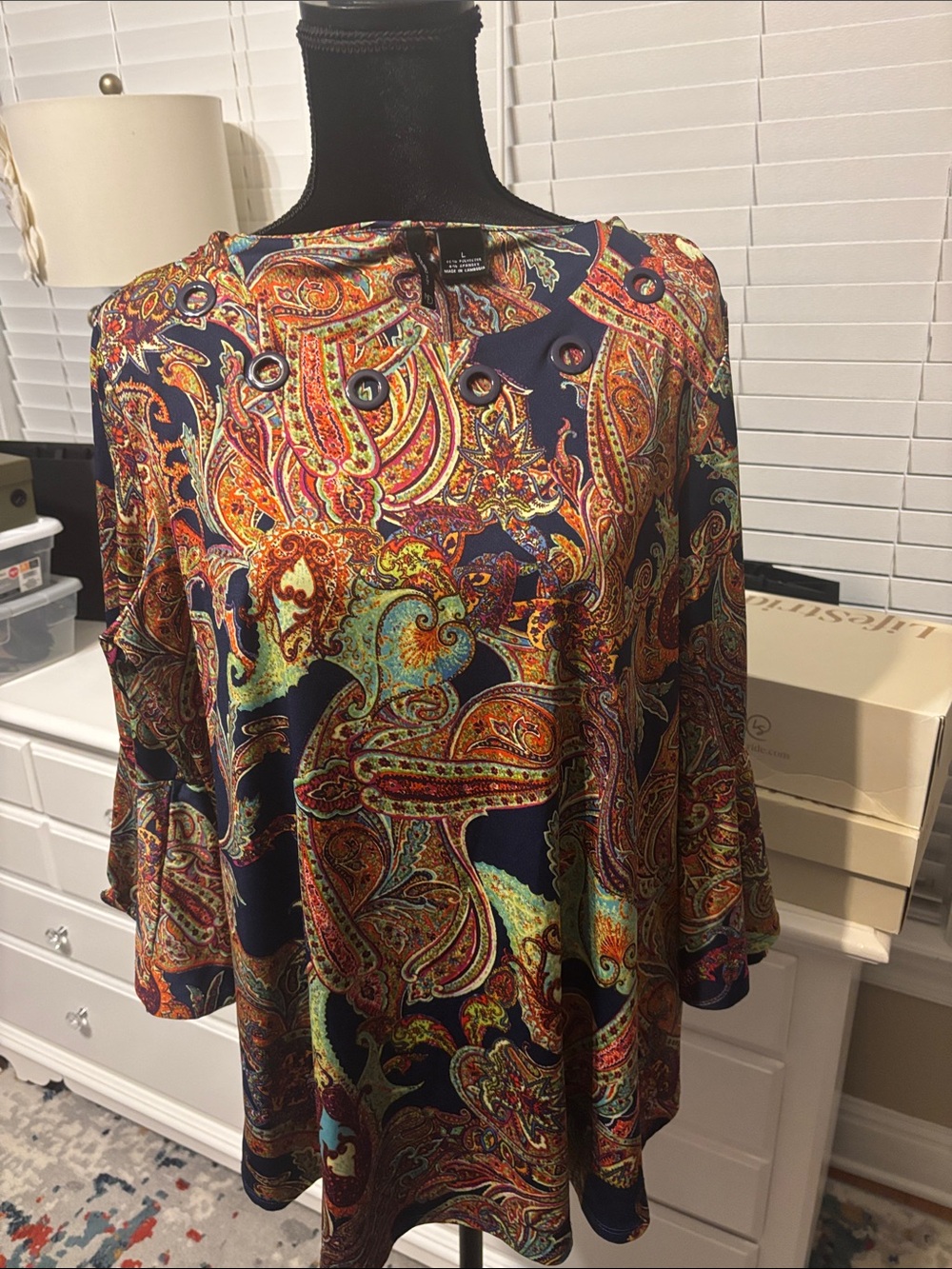 new directions Navy Multicolor Paisley Grommet-Detail Tunic